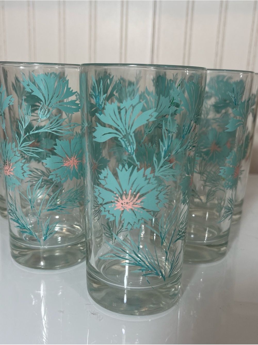 Vintage MCM Teal Pink Cornflower Drinking Glasses Set of 6 Tumbler Highball